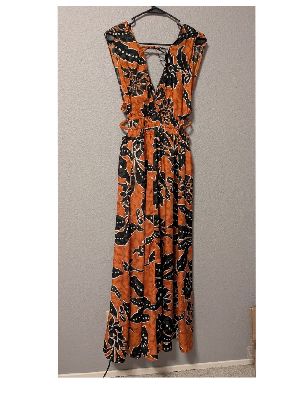 Indulge Rust and Black Floral Deep V Maxi Dress Side Cut Out Sz.XL - Picture 7 of 14